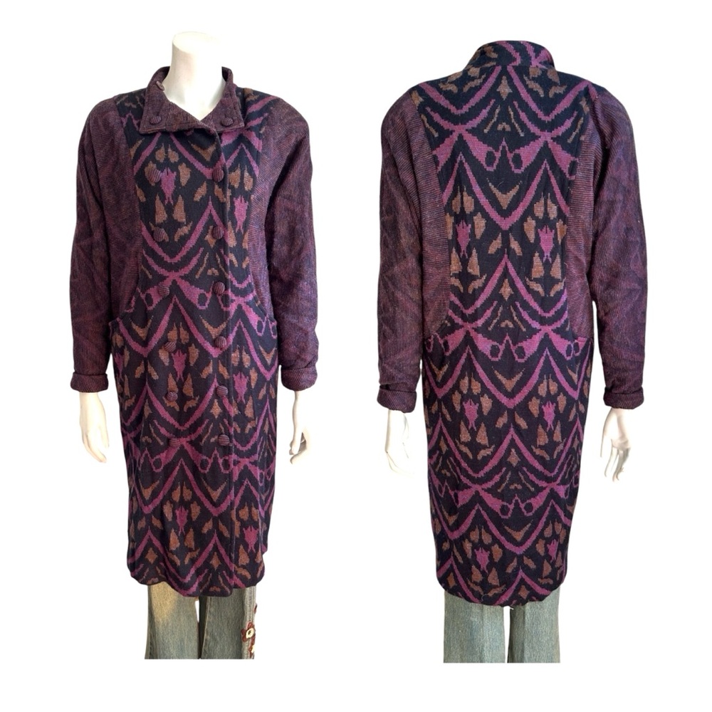 Vintage 80s Cardigan Coat Wool Blend Plum Iridescent Metallic Double Breasted S